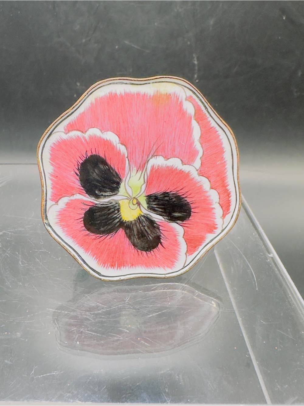 Vintage Asian Trinket Box Lidded Enamel Over Brass Purple Pansy Floral Lidded
